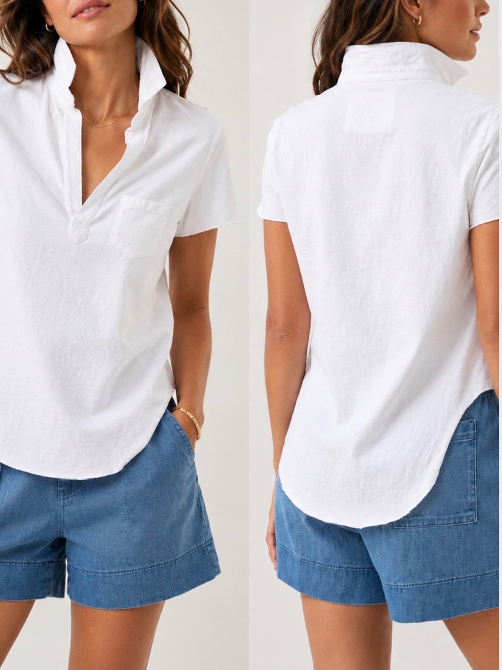 Frank & Eileen Charlotte White Raw Hem V-Neck Perfect Polo